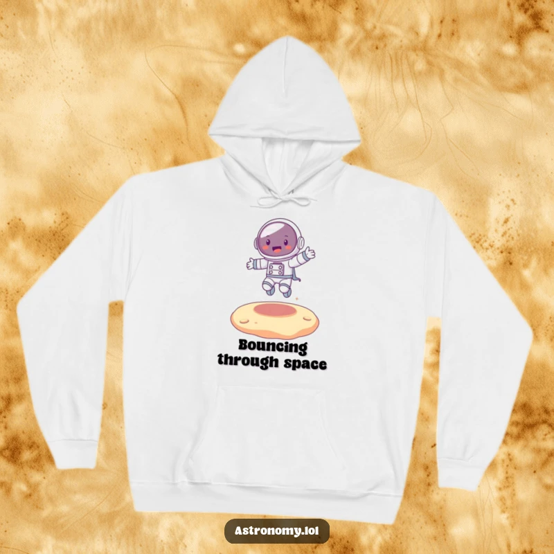 Funny joyful astronaut character mid-bounce on a silly, bulbous alien surface, radiating pure happiness and adventure.