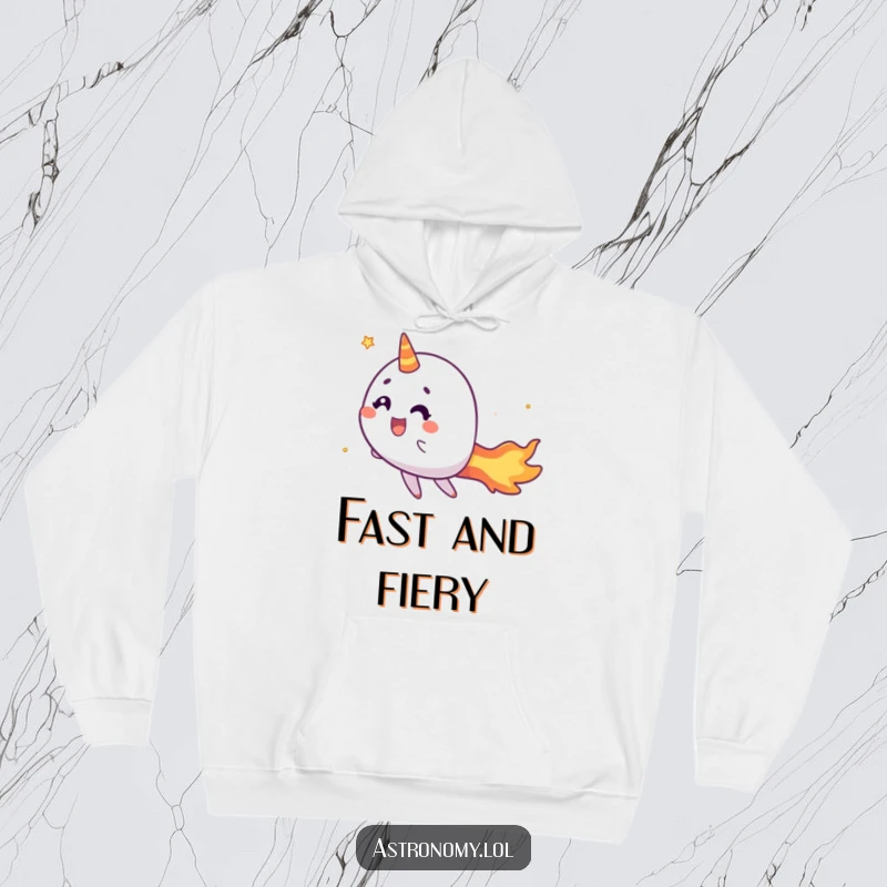Funny comet hoodie featuring a cheerful character with a fiery tail zipping along, offering warmth and humor.