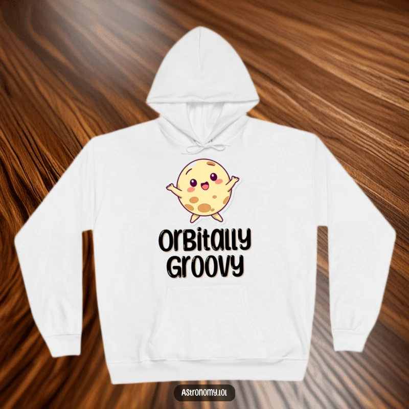 Funny hoodie showcasing a playful planet character mid-spin, its rings a blur of motion, perfect for showcasing your love for dance.