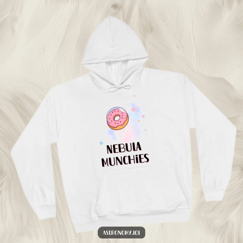 Funny hoodie: A donut in an astronaut helmet drifting through a nebula, offering warmth and cosmic humor.