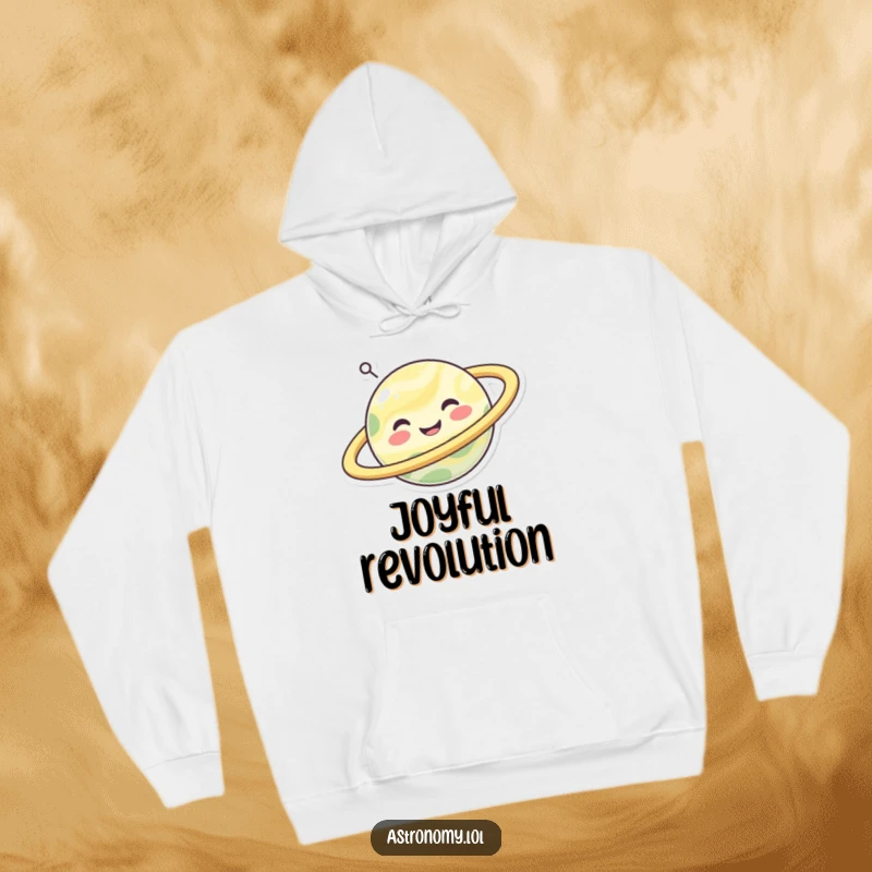 Funny happy planet character with spinning rings, offering cozy comfort and humor on a hoodie.