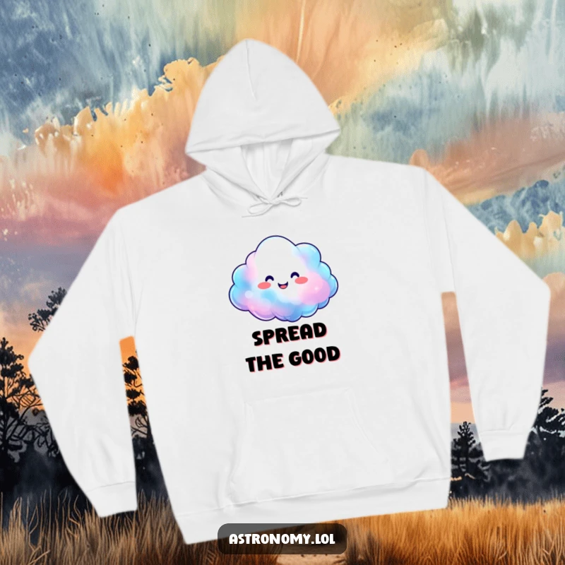 Smiling nebula cloud character expanding with happy, vibrant colors on a soft hoodie, blending comfort with cosmic art.