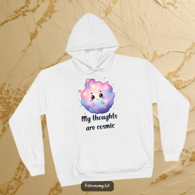 Funny hoodie with a curious nebula character, its cosmic dust swirling in vibrant colors, offering warmth and humor. Ideal gift.