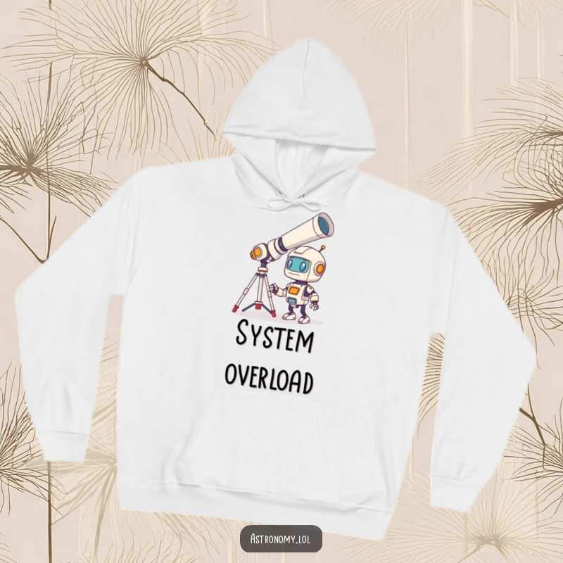 Funny Robot Hoodie featuring a bewildered little character observing through a giant telescope, offering warmth and sci-fi humor.