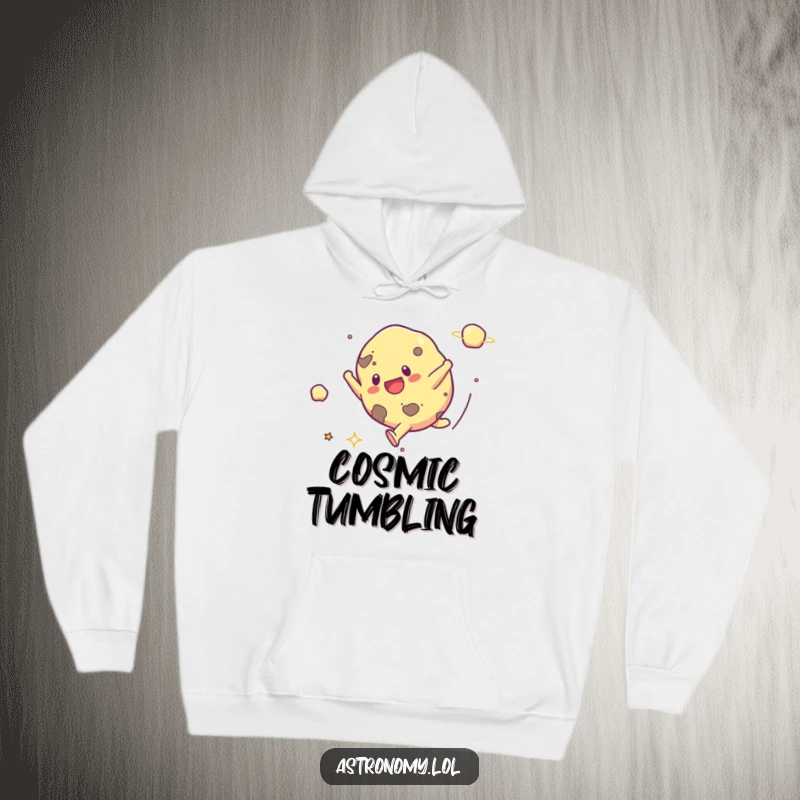Funny hoodie with a vibrant print of a happy asteroid performing a cartwheel amidst stars, perfect for casual wear and space enthusiasts.