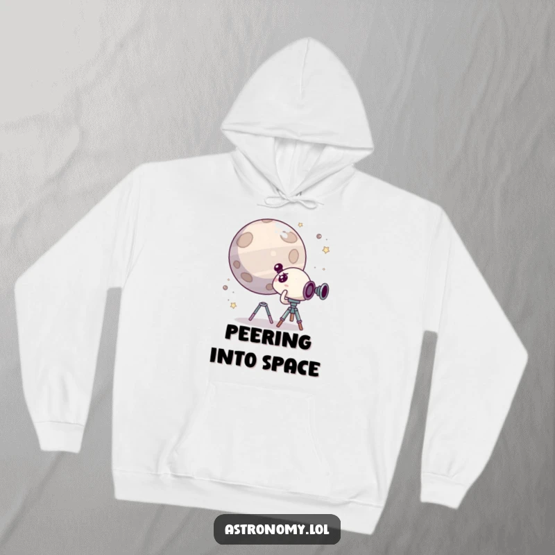 Funny hoodie featuring a cute, surprised character using a telescope to view a giggling planet, perfect for adding humor to casual wear.