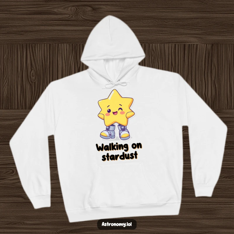 Funny star hoodie with a cheerful character sporting oversized, wonky gravity boots, providing warmth and a dose of cosmic humor.