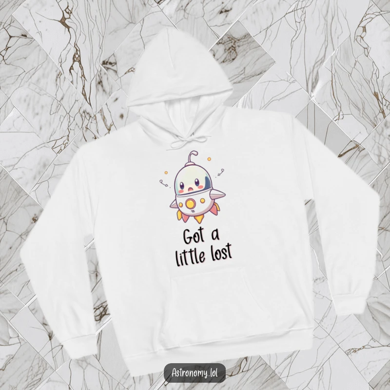 Funny hoodie featuring a wide-eyed spaceship character exuding comical smoke trails, offering warmth and a good dose of interstellar humor.