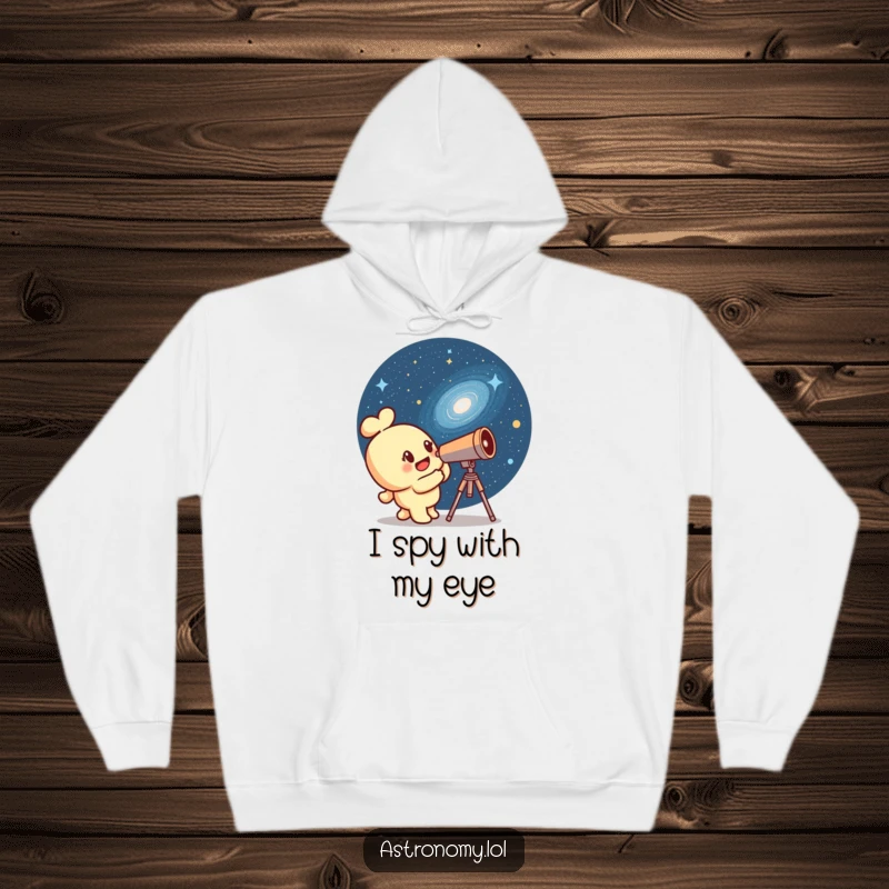 Funny telescope character peeking at a winking galaxy, printed on a warm hoodie, ideal for any aspiring astronomer.