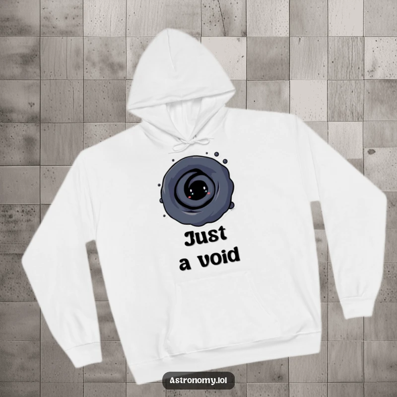Funny Black Hole Hoodie featuring a curious character, its swirling vortex a symbol of cosmic curiosity and a source of great humor.
