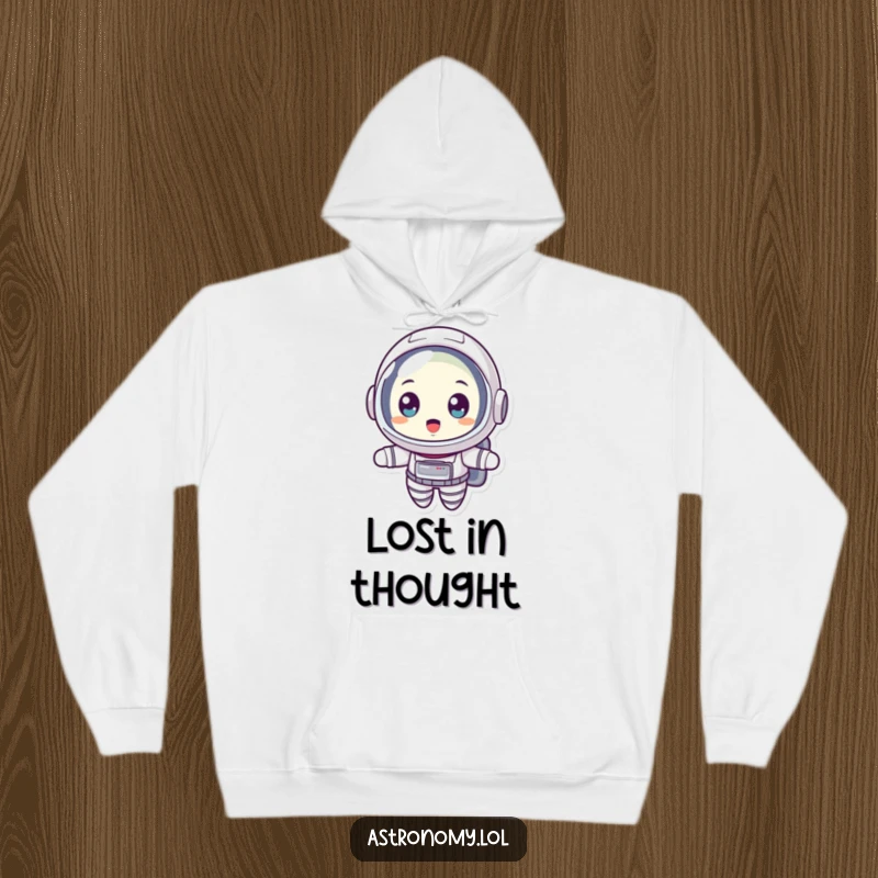 Funny hoodie featuring a surprised astronaut floating with wide eyes, perfect for staying warm while contemplating the universe.