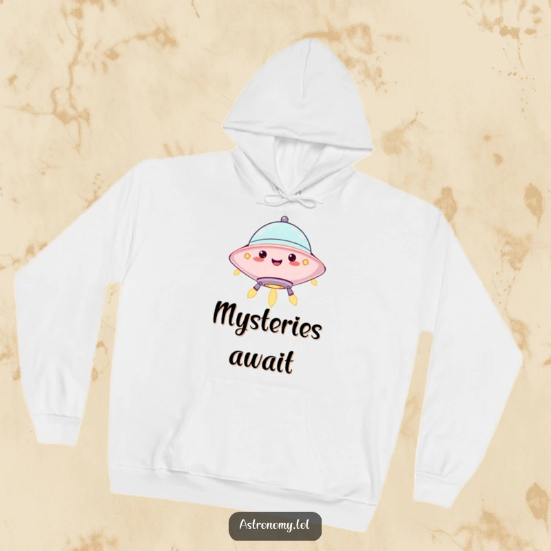 Funny hoodie featuring a jolly UFO character hovering with happy blinking lights, offering warmth and whimsical humor. Warm gift.