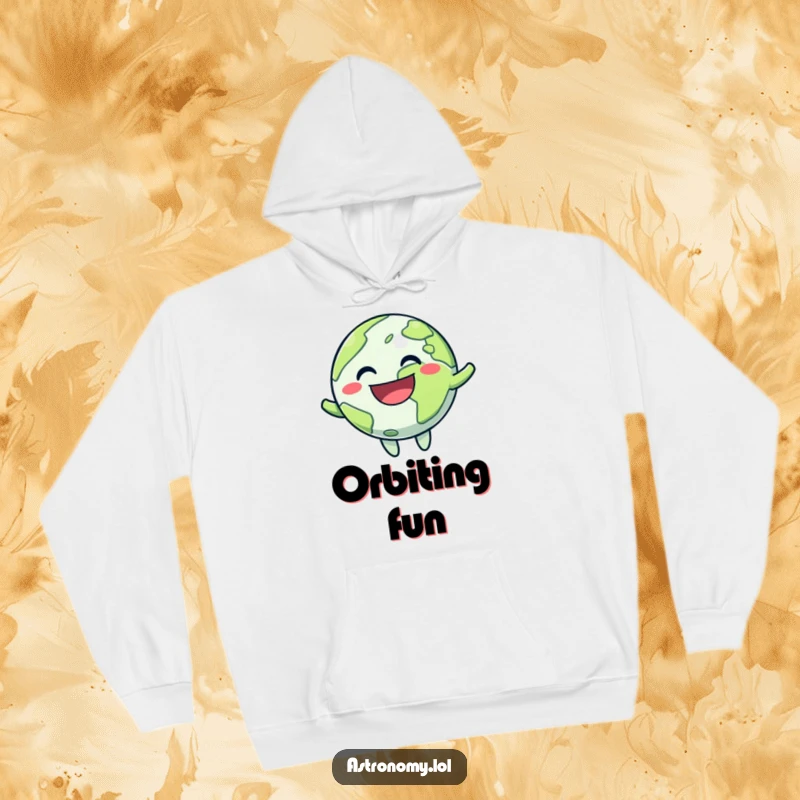 Funny hoodie showing a happy planet character mid-bounce with an ecstatic grin, perfect for casual wear and spreading cheer.