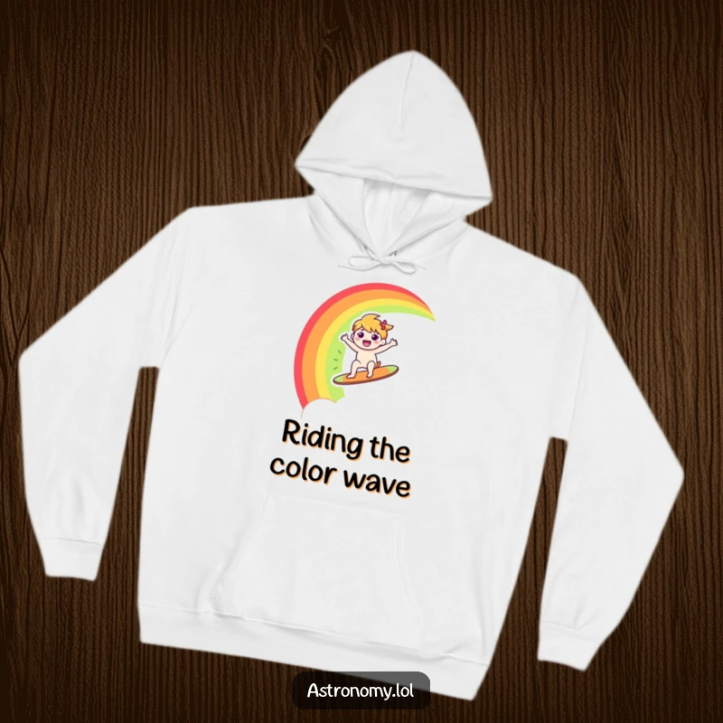 Funny hoodie with a happy character joyfully surfing a colorful rainbow across the sky, perfect for cozying up with a smile.