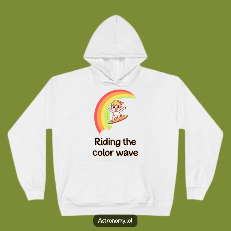 Funny Rainbow Hoodie: Happy Character Surfs Rainbow, Cozy Funny Gift