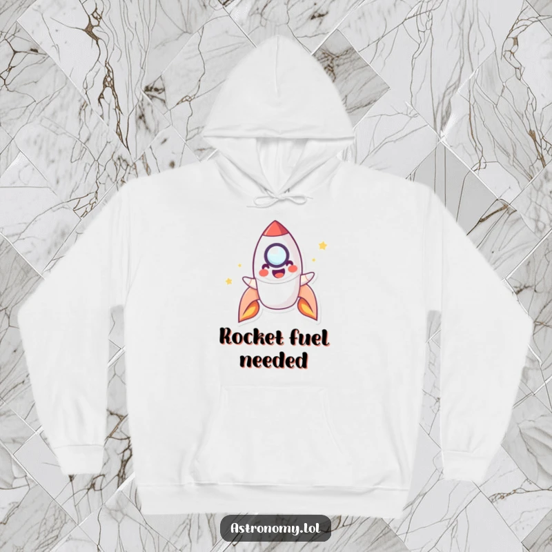 Funny Hoodie featuring a playful rocket character smiling and blasting off, providing warmth and a sense of cosmic adventure.