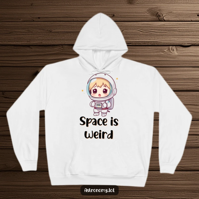 Funny astronaut hoodie featuring a surprised spaceman with a colander as a helmet, showcasing a comical space blunder for warmth.