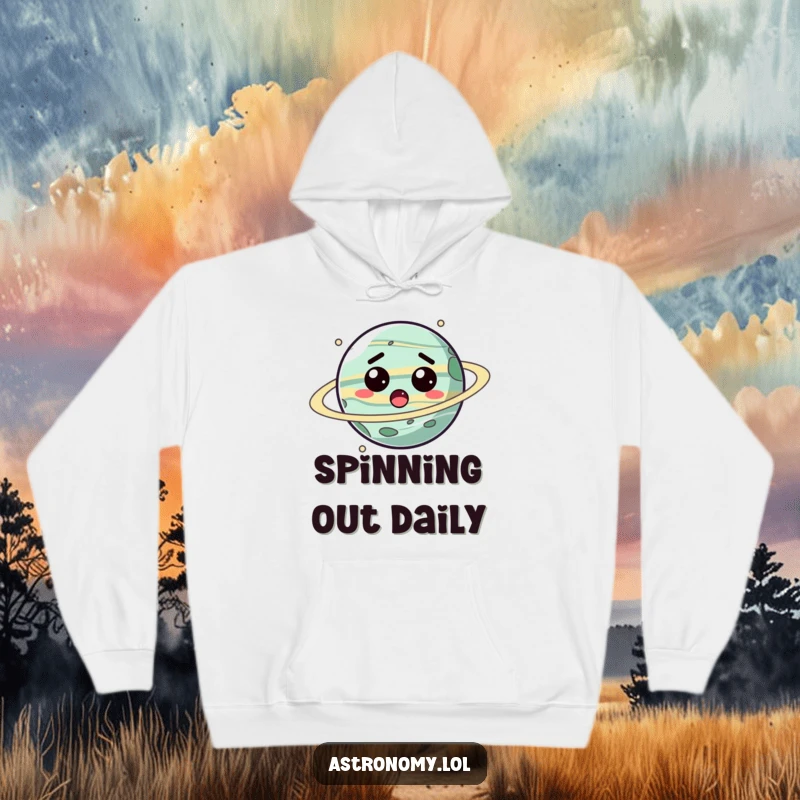 Funny planet hoodie featuring a stylized, surprised character spinning, offering warmth and a touch of cosmic humor.