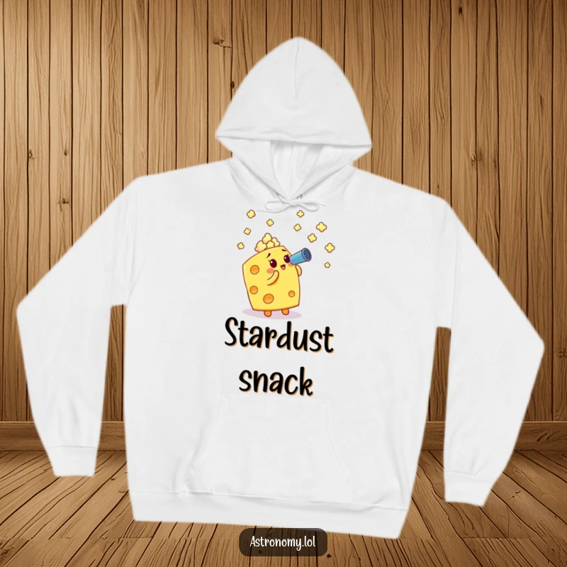 Funny hoodie: A cheese cube using a telescope to view popcorn stars, offering warmth and whimsical humor.