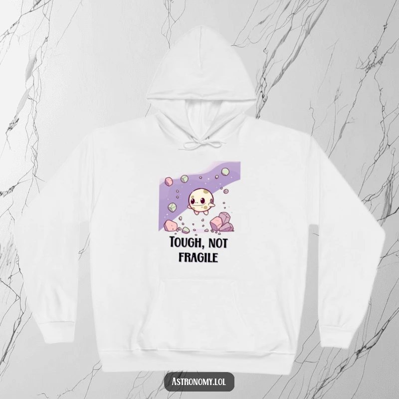 Funny Hoodie: A Determined Asteroid Character Navigating Debris, offering cozy comfort and an inspiring, humorous design. An excellent present.