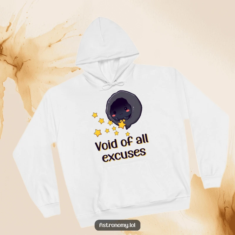 Funny black hole character playfully sucking in tiny stars on a warm hoodie, a hilarious gift for space aficionados.