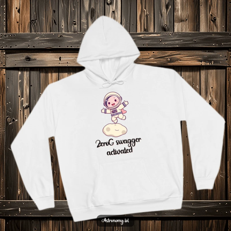Funny hoodie depicting a cheerful astronaut character joyfully leaping and bouncing high on the moon's surface, radiating space adventure.