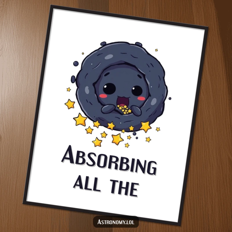 Funny Free Printable Wall Art: A mischievous black hole character playfully pulls in stars, creating a dynamic and humorous cosmic scene.