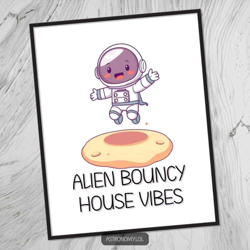Funny Free Printable Wall Art: Joyful astronaut character bouncing on a bouncy alien surface, adding playful decor.