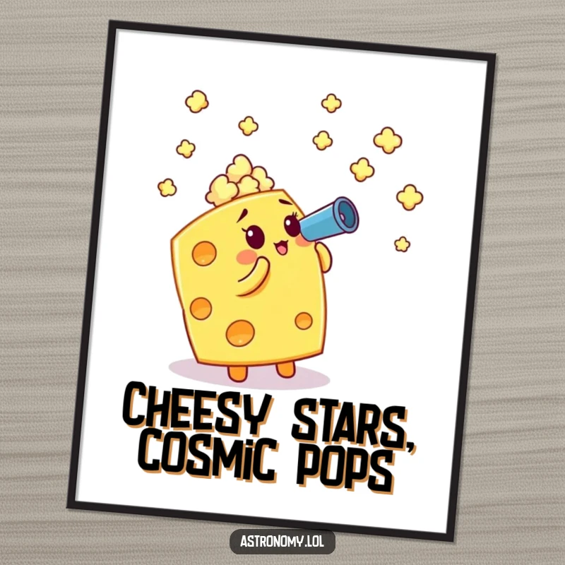Funny Free Printable Wall Art: A cheese cube shines its telescope on distant popcorn stars in this whimsical cosmic scene.