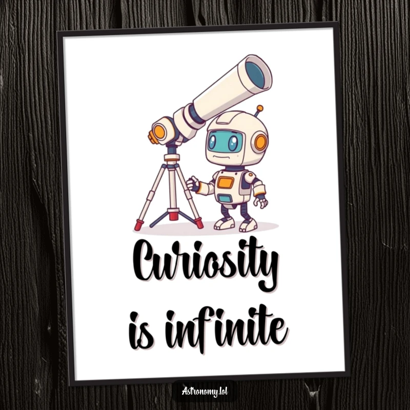 Funny Free Printable Wall Art: A bewildered little robot character looking through a giant telescope, exploring the vastness of space.