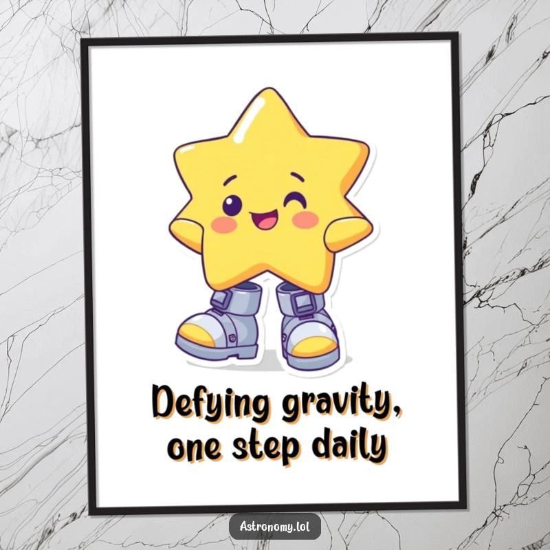 Cheerful Free Printable Wall Art: A happy star character stands tall in oversized, comically wonky gravity boots.