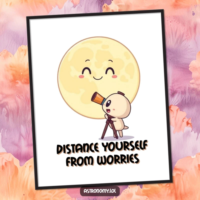 Funny Free Printable Wall Art of a surprised telescope character looking at a giant, smiling moon, perfect for any room.