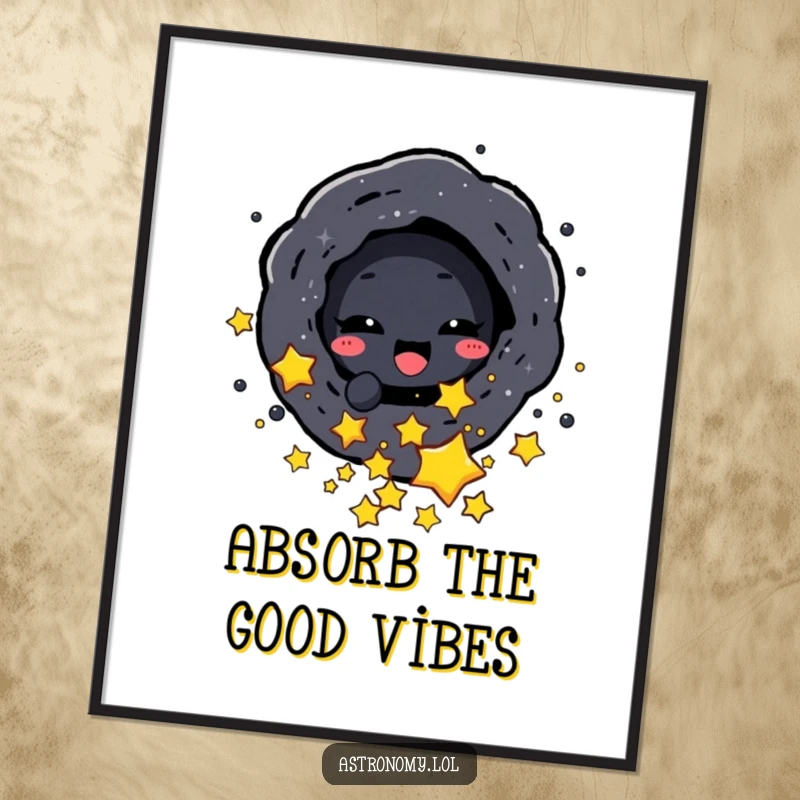 Funny Free Printable Wall Art: A delighted black hole character playfully sucking in small stars, captivating downloadable space art.