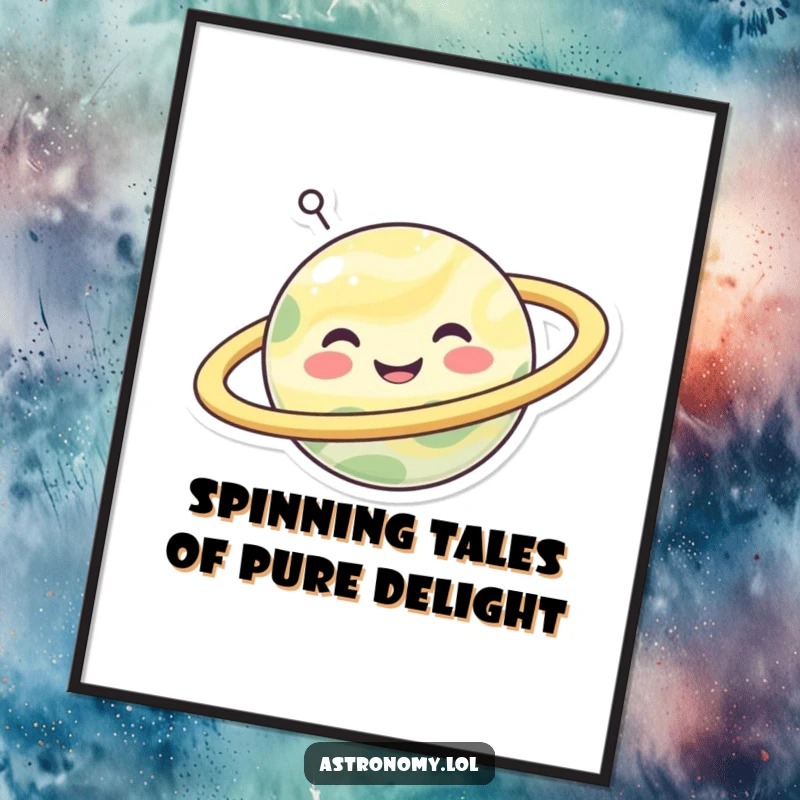 Funny Free Printable Wall Art: A happy planet character joyfully spins its magnificent rings against a captivating cosmic scene.