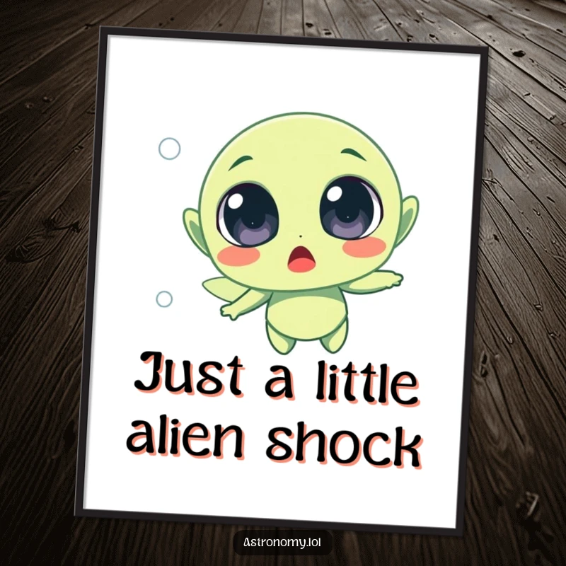 Funny Free Printable Wall Art: Surprised alien character with wide eyes, floating in space, adding quirky decor.