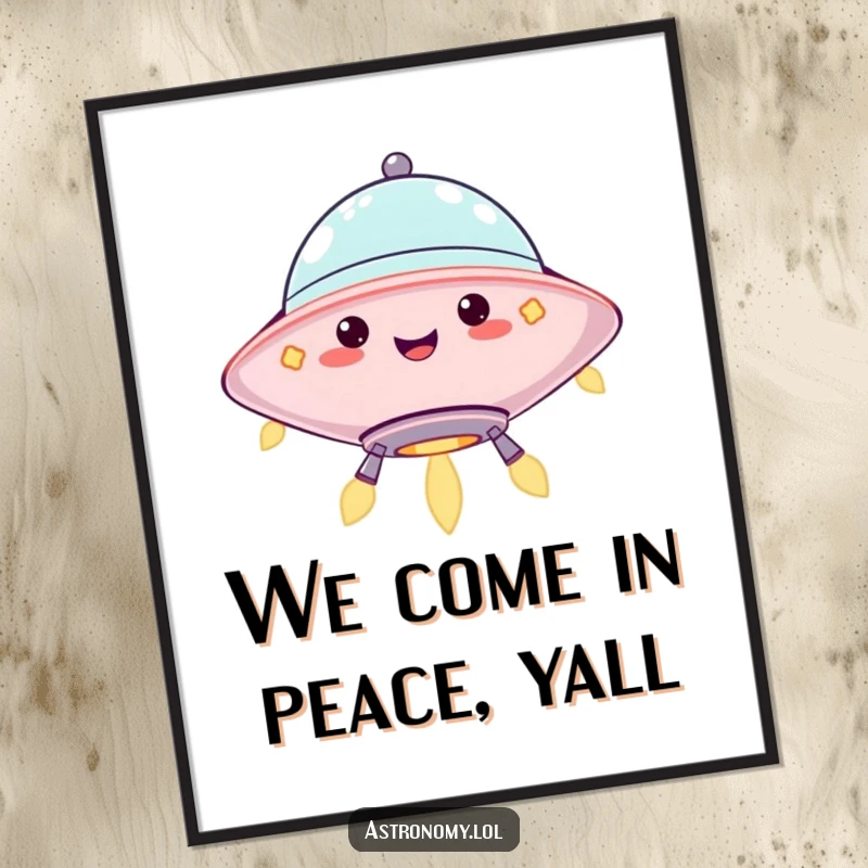Funny Free Printable Wall Art of a jolly UFO character hovering with happy, blinking lights, perfect for a whimsical space.