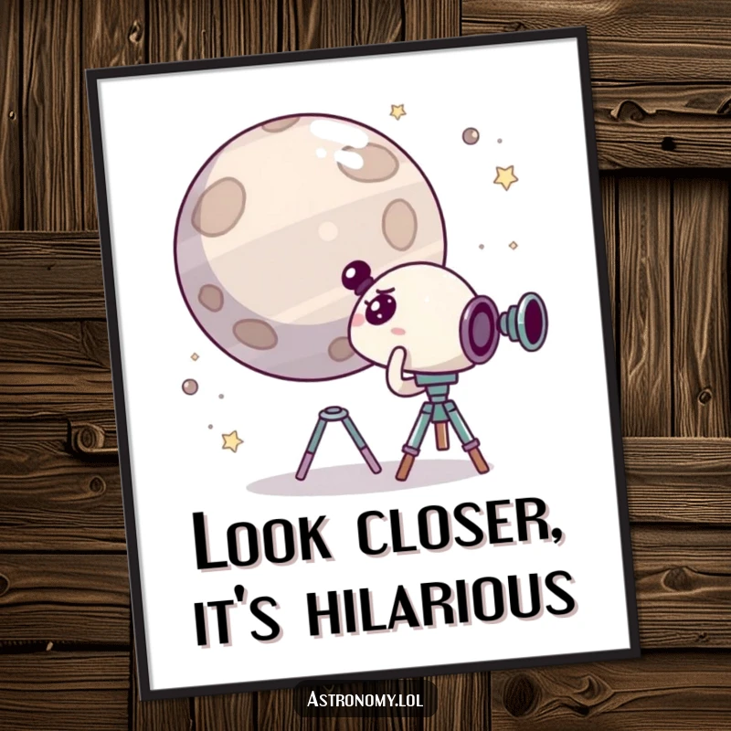Funny Free Printable Wall Art: Surprised character looking through a telescope at a planet that's giggling.