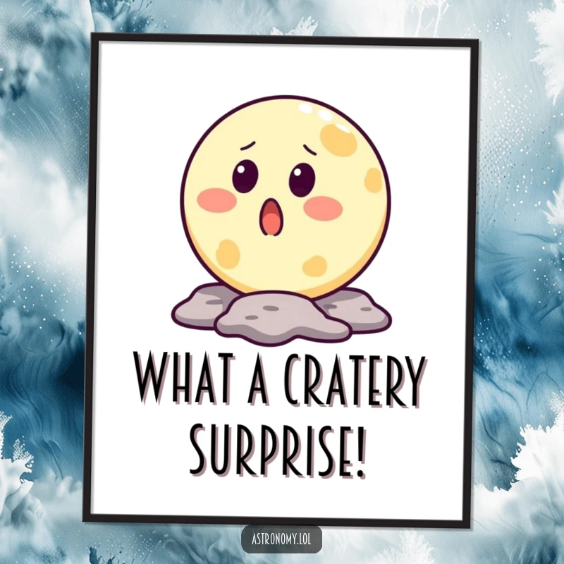 Funny Free Printable Wall Art: Moon character with a crater shaped mouth in a surprised expression, adding lunar humor.