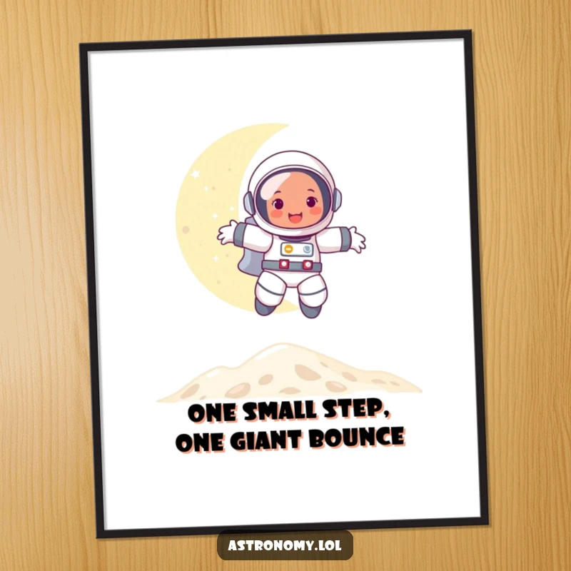 Funny Free Printable Wall Art: Cheerful astronaut character leaping high with joy while bouncing on the moon.