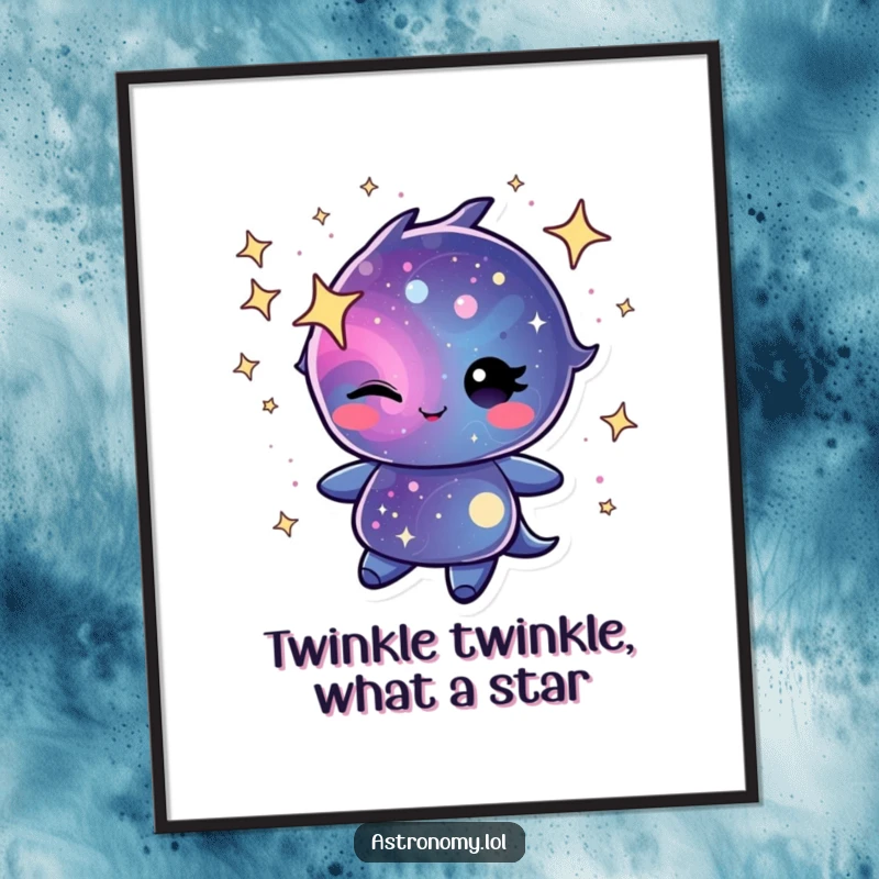 Funny Free Printable Galaxy Wall Art featuring a winking character swirling with cheerful stardust, adding magical cosmic decor.