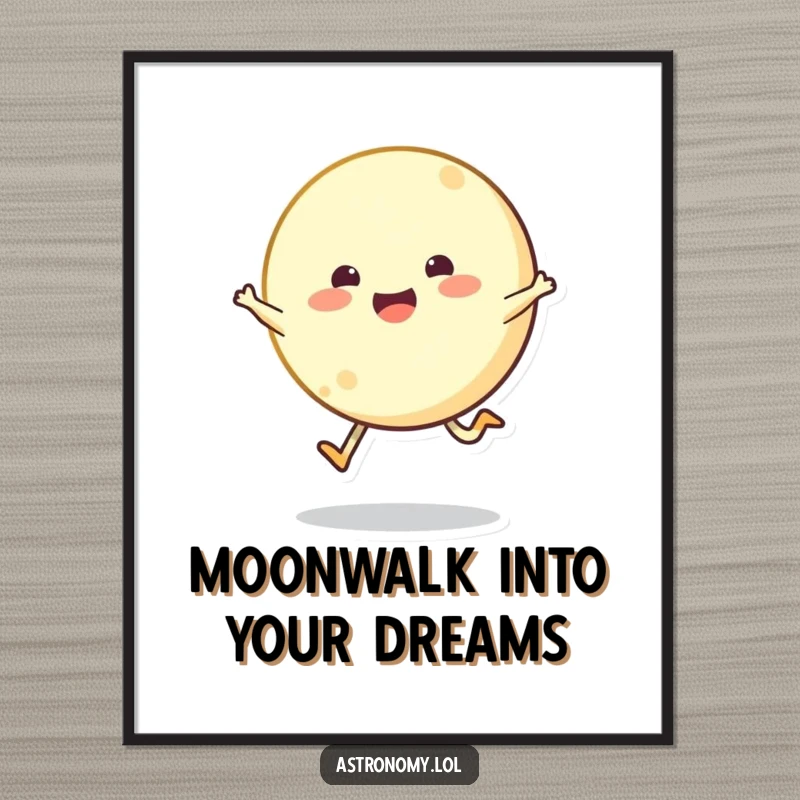 Funny Free Printable Moon Wall Art showing a bouncing character doing a delighted skip, bringing whimsical lunar charm to decor.