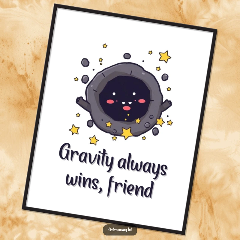 Funny Free Printable Wall Art of a mischievous black hole character playfully pulling in tiny stars, adding a humorous cosmic touch.