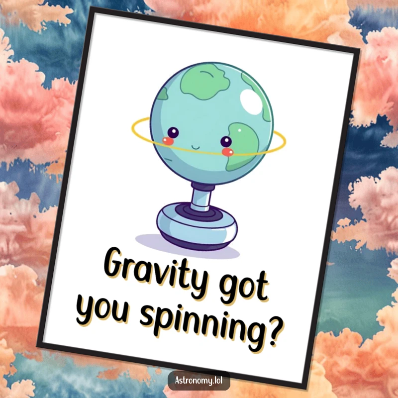 Funny Free Printable Wall Art: A tiny planet comically trying to keep its balance on a rapidly spinning fidget toy.