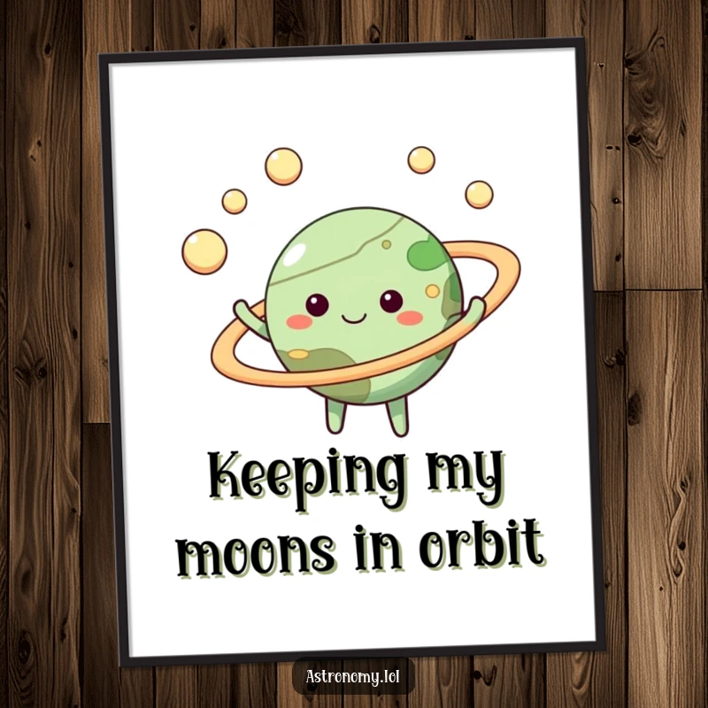 Happy Free Printable Wall Art: A joyous planet character skillfully juggling tiny moons within its shining rings.