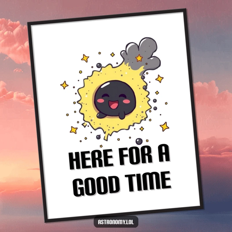 Funny Free Printable Wall Art: A cheerful black hole character playfully swirling sparkling stardust, adding cosmic humor.