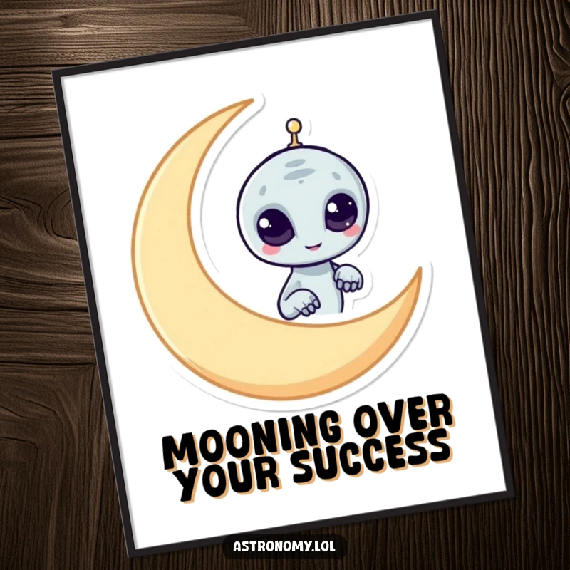Funny Free Printable Wall Art of a mischievous alien peeking from behind a crescent moon, adding whimsical charm. Downloadable art.