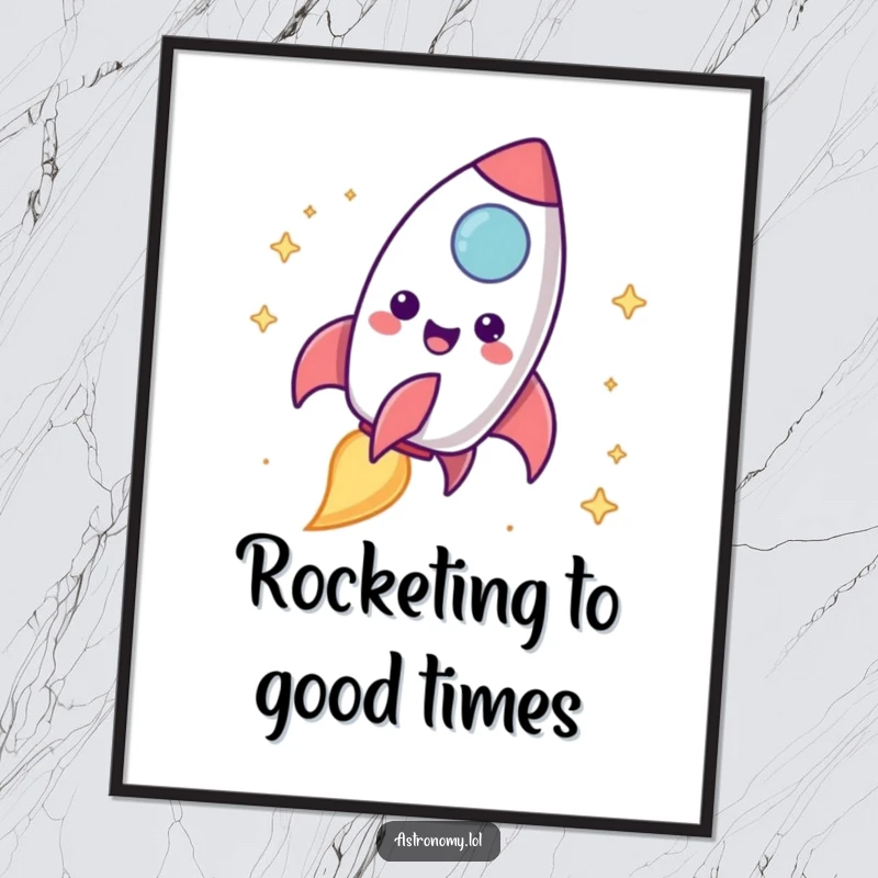 Funny Free Printable Wall Art: Delighted rocket ship character blasting off with a cheerful, vibrant trail, adding excitement.