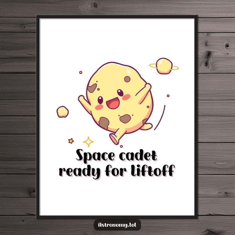 Funny Free Printable Wall Art: A cheerful asteroid doing a dynamic cartwheel across a starry, colorful galaxy background.