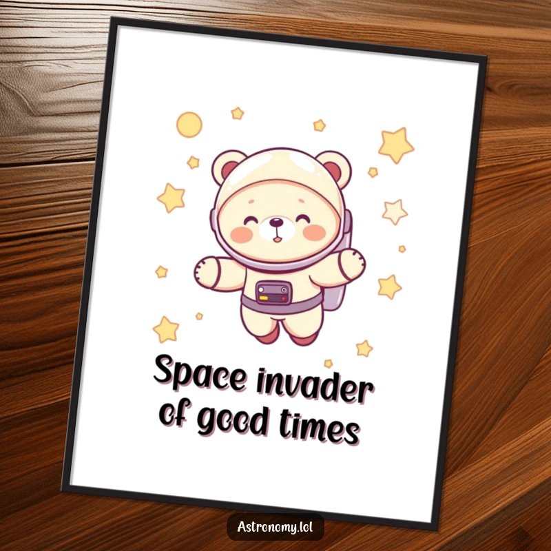 Funny Free Printable Wall Art: A cute astronaut bear cub giggles while floating serenely amongst a galaxy of stars.