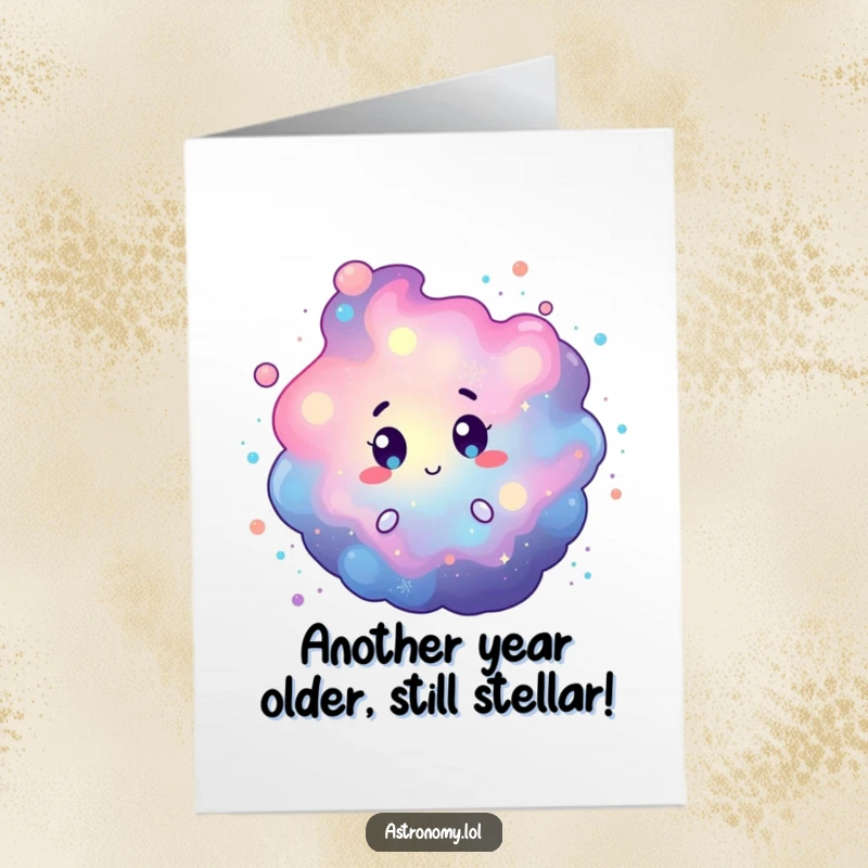 Funny Free Printable Birthday Card featuring a curious nebula character swirling colorful cosmic dust, ready to wish someone a happy birthday.